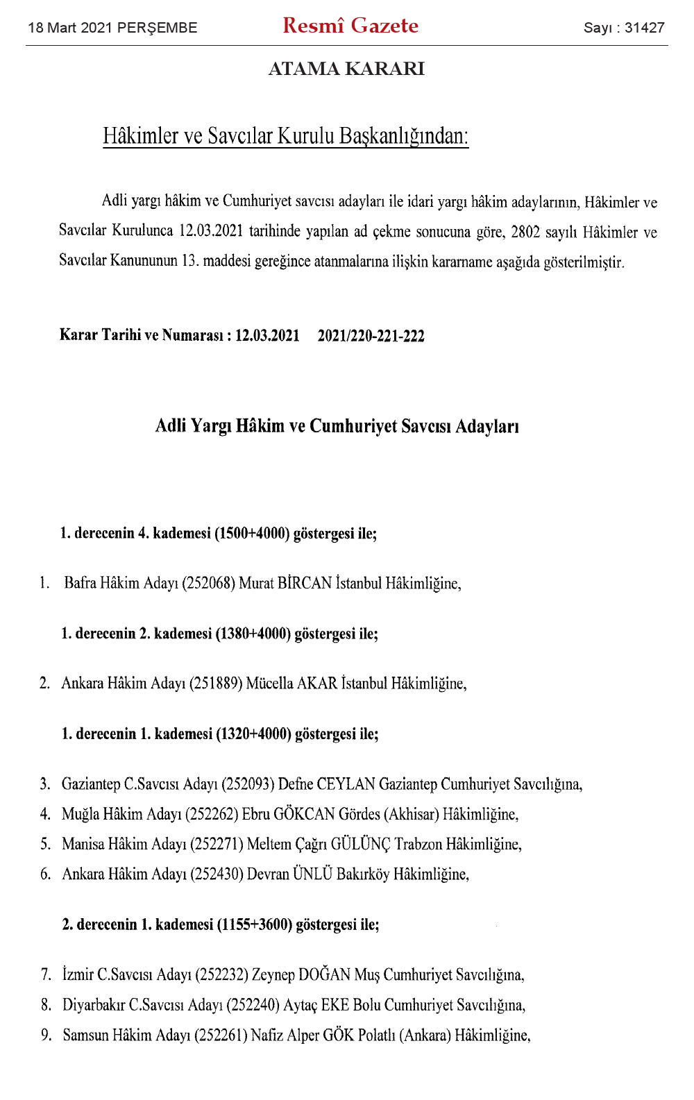 aday hakim ve savcıların atama kararnamesi resmi gazetede 18 mart 2021'de yayımlandı 1 hsk karari